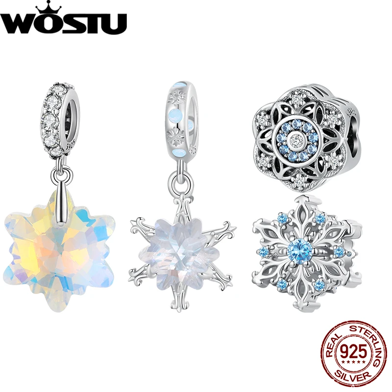 WOSTU 925 Sterling Silver Snowflake Charm Blue Zirconia Beads Opal Ice Flower Pendant Fit Original Bracelet DIY Winter Jewelry