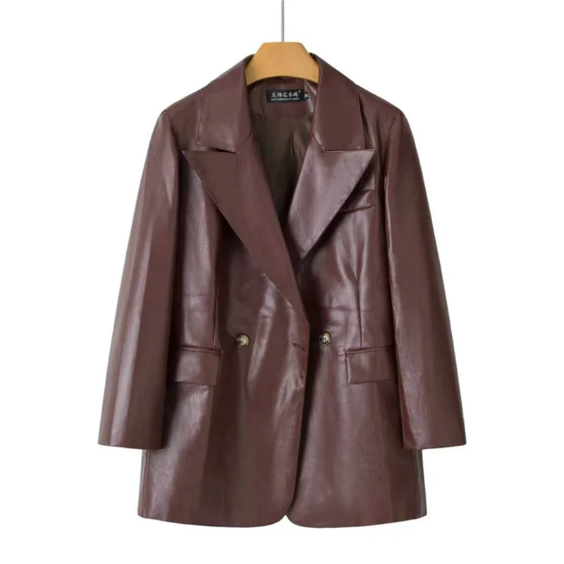 2026 New Fashion Leather Suit Jacket Women's Blazers Spring Autumn Double-breasted PU Leather Outerwear Female Slim Casual Coats