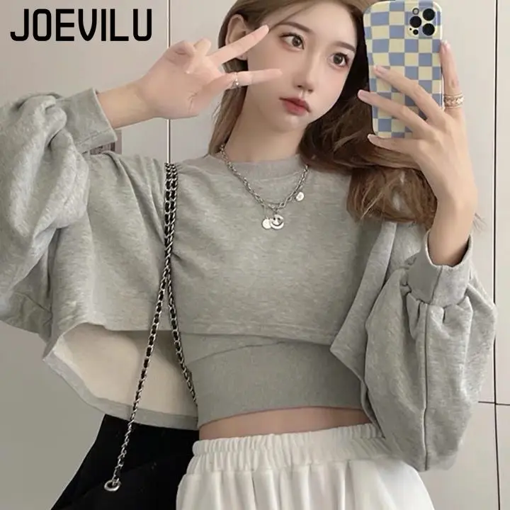 2PCS Streetwear Loose Sweatshirt Short Long Sleeved Pullover Top Strap Vest 2 Piece Sets Women\'s Sports Korean Kpop Clothes Y2k