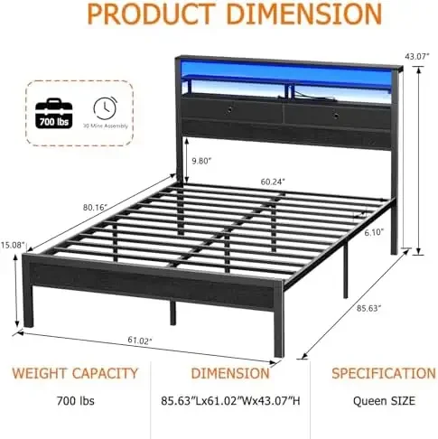 Queen Bed Frame with Headboard & 2 Fabric Drawers, Queen Platform Bed Featuring LED Lights, 3-Tier Storage Shelves
