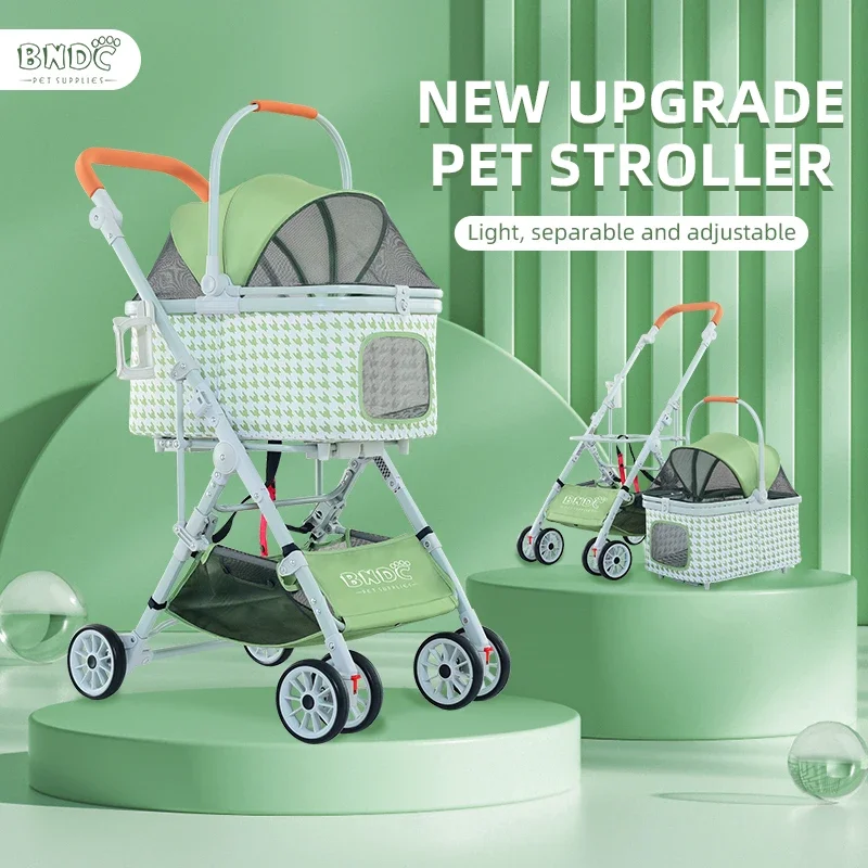 4 Wheels Foldable Traveling Lightweight Animal Gear Carriage For Small Medium Size Dogs & Cats Rabbit With Storage Basket