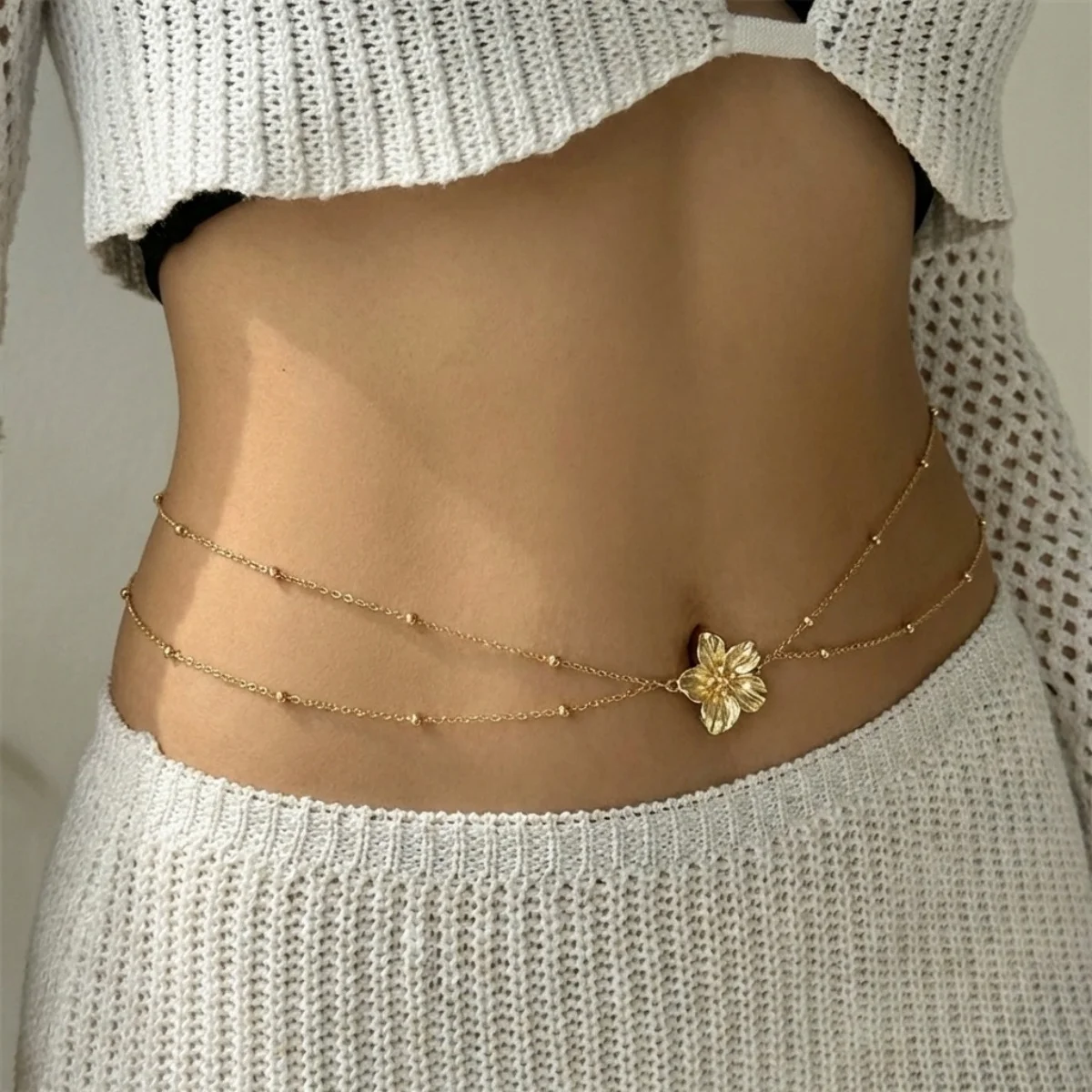 Doppellagige Perlenkette mit Metallblumen-Taillenkette für Damen und Herren, Bohemian-Trend, Schmetterlings- und Blumenmuster, Bauchkette, Körperschmuck – Detail 4
