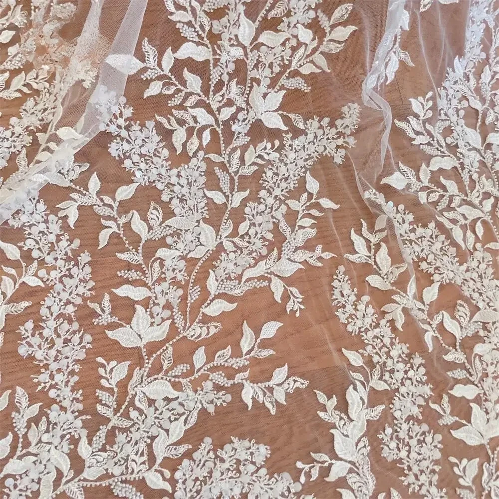 -White 3D Flowers Beaded Sequins Embroidered Lace Fabric Wedding Dress Shining Bride Fabric Background Decoration Accessories