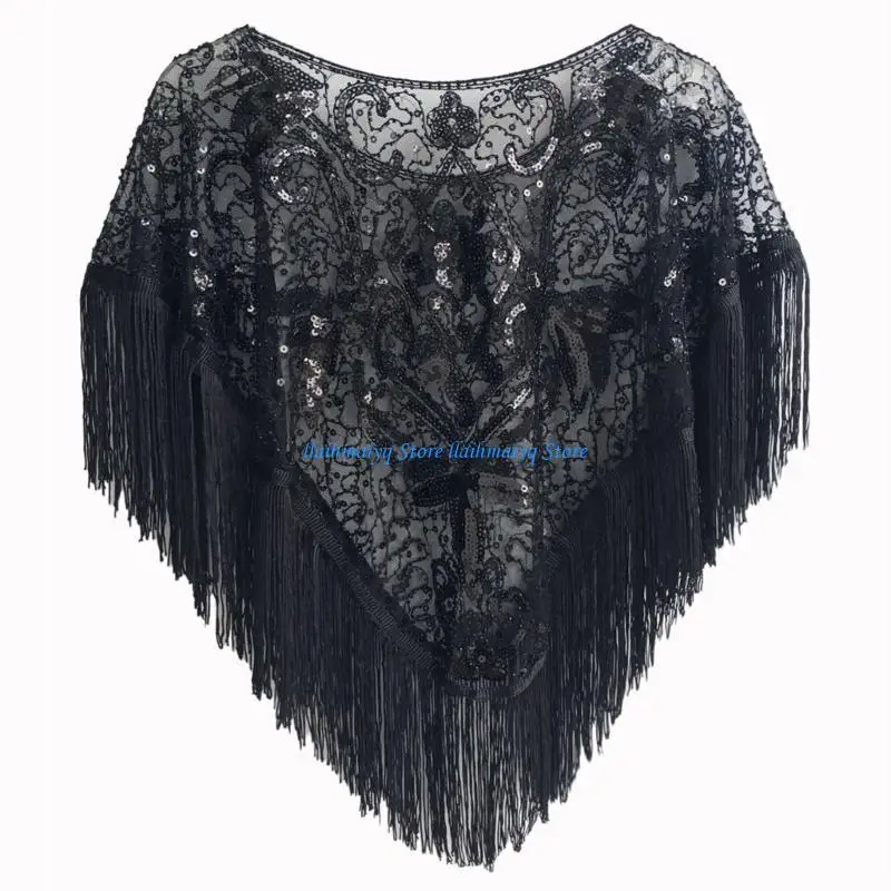 

573B Vintage Ethnic Evening Shoulder Wrap Wearable Shawl Feature Decorative Sequins And Flowing Fringe For Female