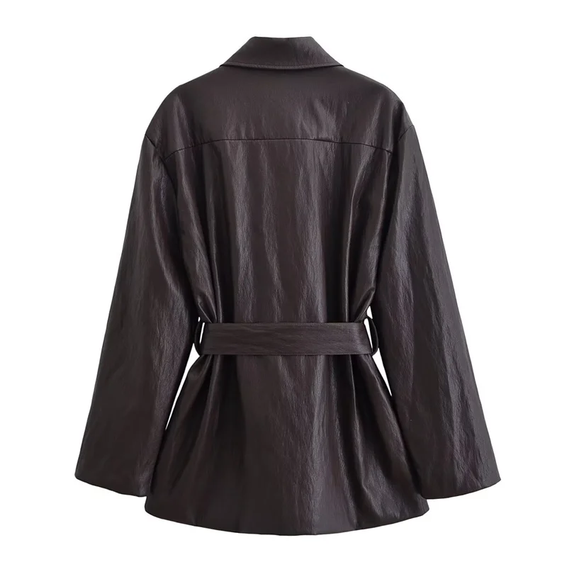 Damski płaszcz 2025 zimowy nowy styl ciemnobrązowy długi płaszcz z długim rękawem ze sztucznej skóry z paskiem, casualowy, modny, uniwersalny