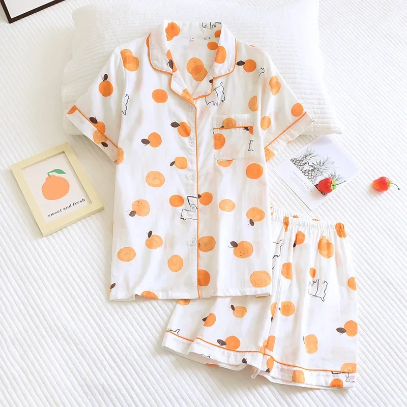 New ladies 100% cotton short-sleeved ladies pajamas suit shorts cute cartoon printing Japanese style simple pajamas home service