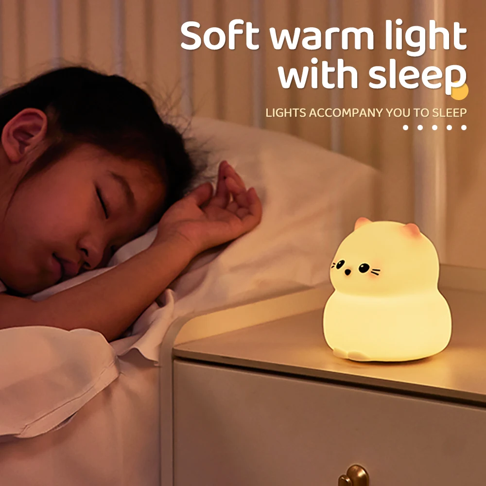 Cute Cat Silicone Night Light 3 Brightness Rechargeable Timing Sleeping Lamp Kawaii Cordless Night Lights For Kids Room Decor