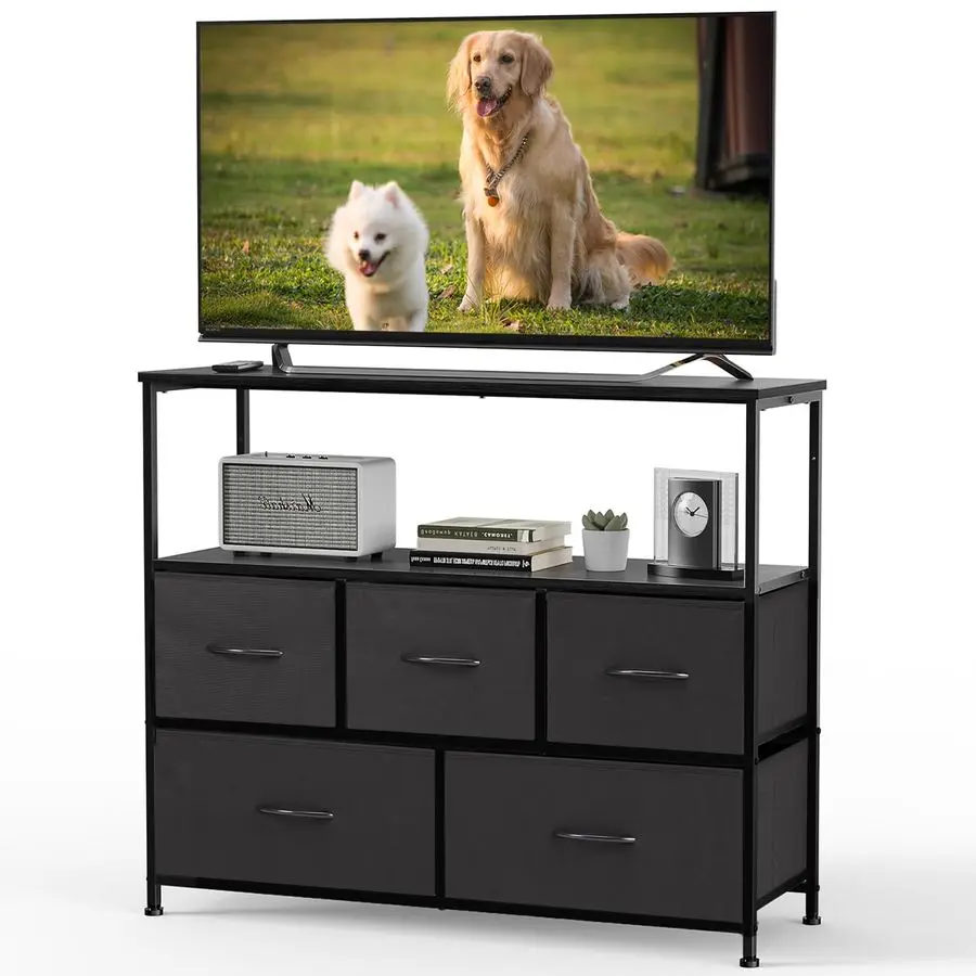 

TV Stand Dresser with 5 Fabric Storage Drawers, Media Console Featuring Open Shelf for 45 inch TV, Compact Entertainment Unit fo