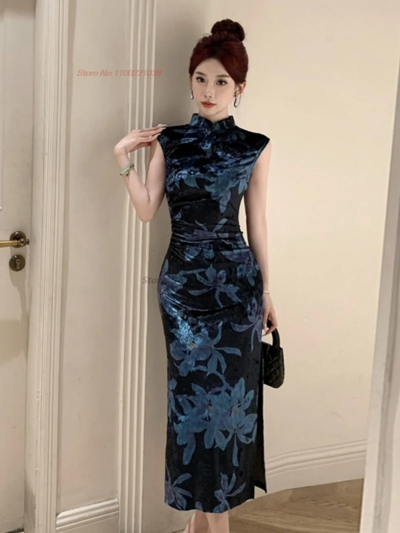 

Китайское сексуальное Ципао без рукавов, бархатное Cheongsam, винтажное Ципао с цветочным принтом, традиционное вечернее платье для ночного клуба, банкета, Ципао