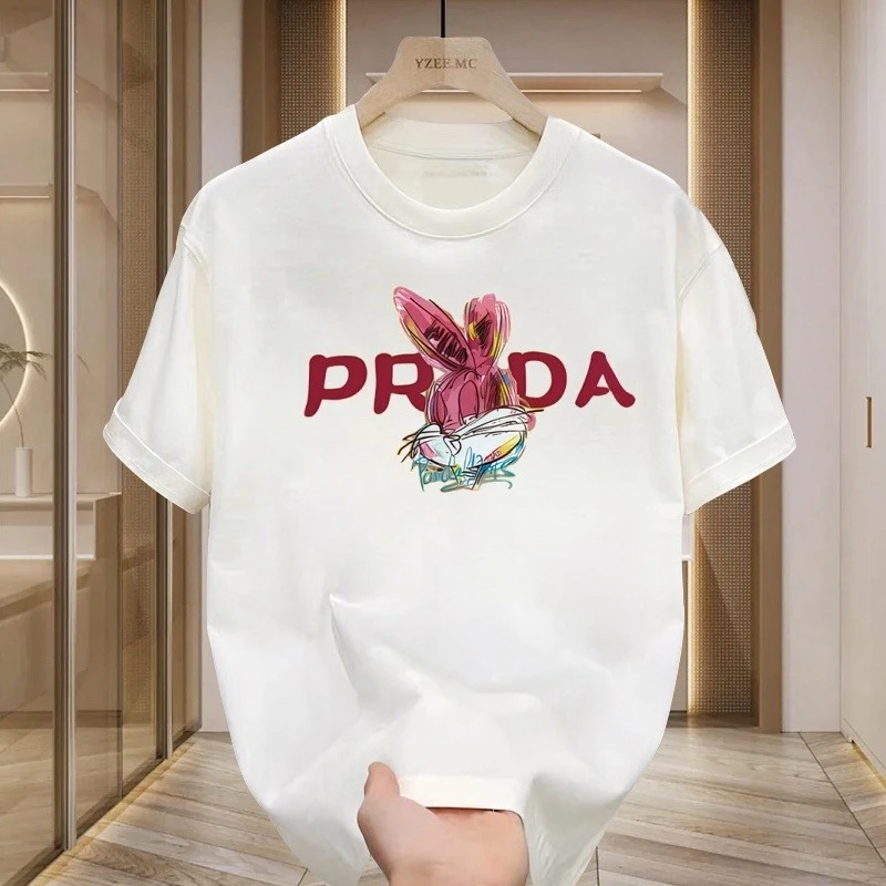 

Korean White Short-sleeved Rabbit T-shirt for Men and Women Couples New Summer Front Shoulder Loose Ins Design Pure Cotton Top