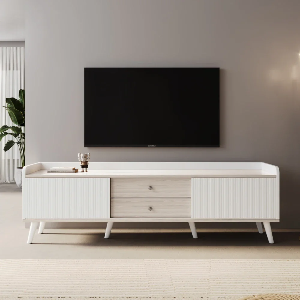 Meuble TV avec deux tiroirs, table TV, meuble TV basse avec deux portes coulissantes. Excellent texture. Couleur bois blanc et naturel