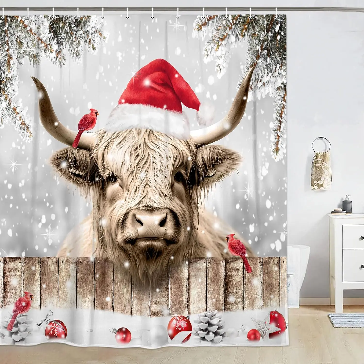 

Highland Cattle Cow Bull Christmas Shower Curtain with Birds & Snowy Xmas Balls, Farmhouse Bathroom Decor Set for Holiday Style