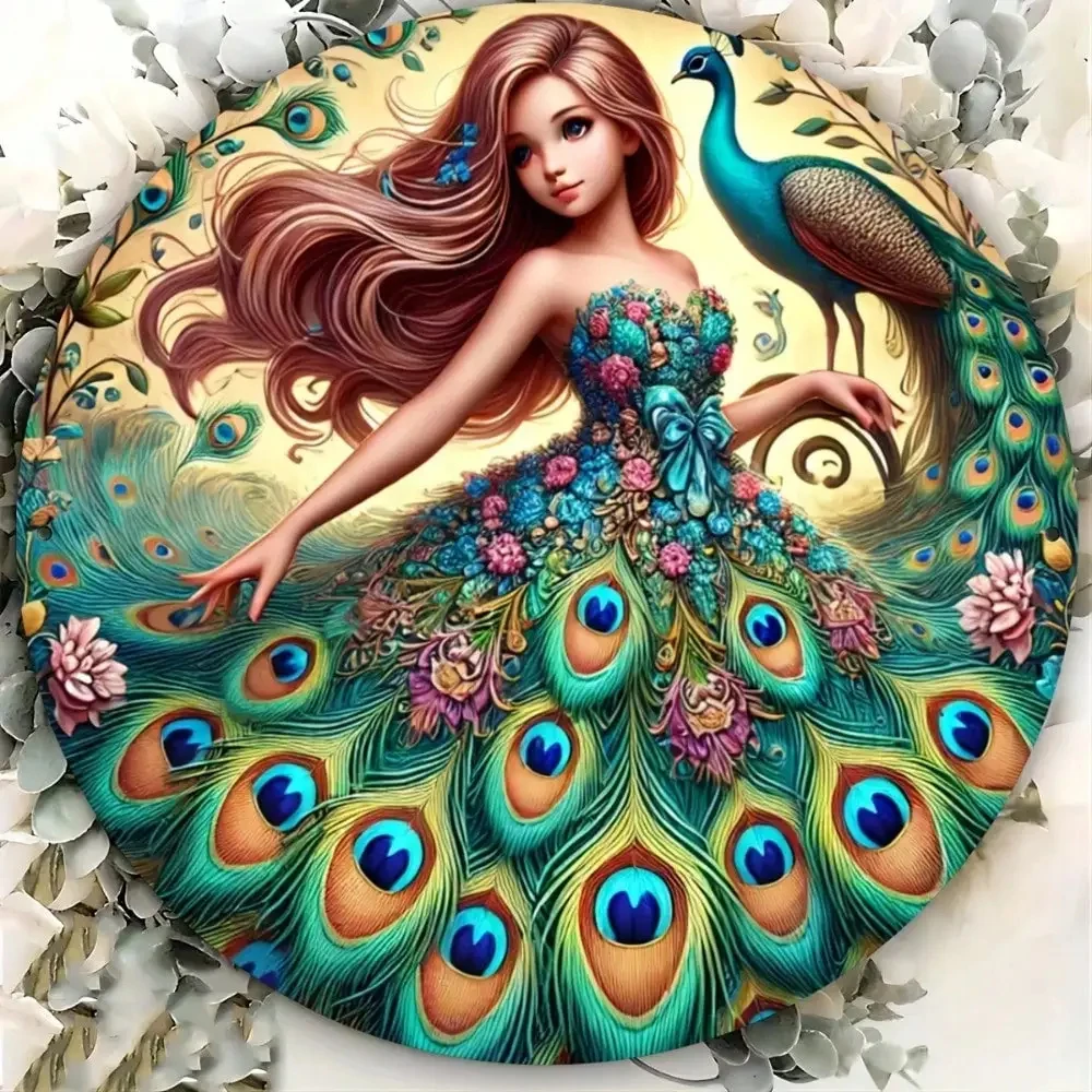 2D Flat High-Definition Metal Wall Art Fantasy Art Beautiful Girl Wearing a Peacock Feather Dress Adorned with Vibrant Peacock Floral Decorations