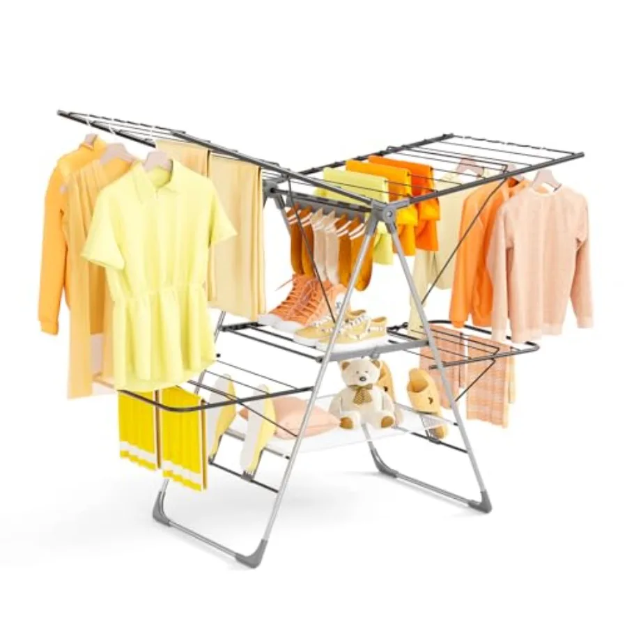 Foldable 2-Tier Stainless Steel Clothes Drying Rack with Adjustable Height Sock Clips Space-Saving Design for Indoor Outdoor Us