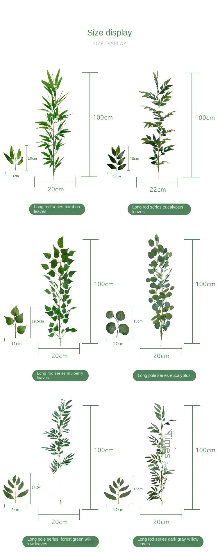 Seidenstoff-Griff, Bambusblatt, Blumenarrangement, Dekoration, künstliche Frühlingspflanzen, einzeln, 1 m lang, Eukalyptusblätter – Detail 3