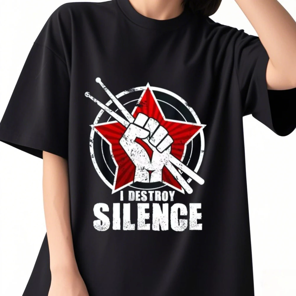 

Summer I Destroy Silence Vintage Drums Drummer Gift Leisure Top T-Shirt Moto Biker T Shirt Men Women Oversized Tshirt Top Tees