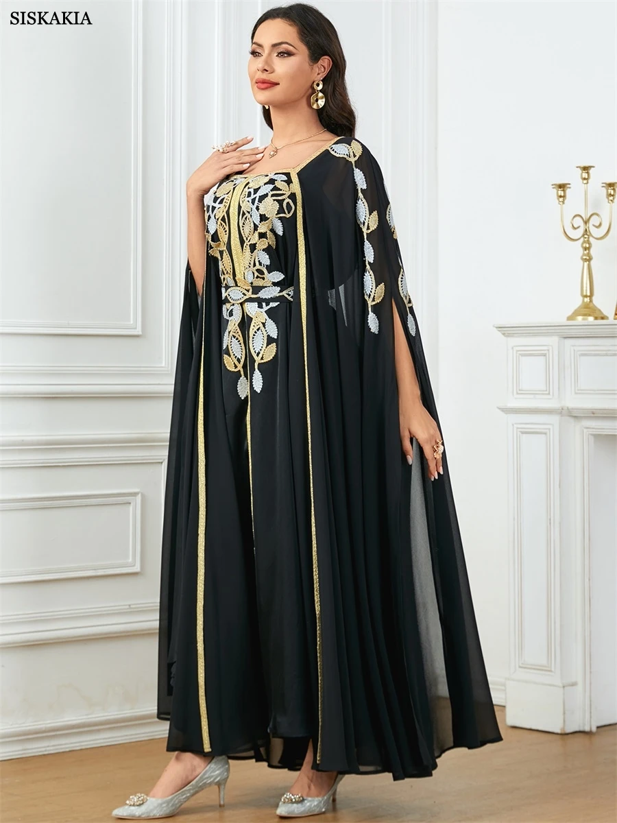 Siskakia Elegant Casual Super Long Sleeve Party Gown Moroccan Saudi Appliques Belted Dresses Turkish African Abayas Arab Kaftan