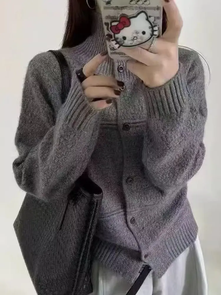 

Корейский вязаный кардиган с высоким воротником для женщин, осенне-зимний, новый, в стиле Lazy Sle, на пуговицах, универсальный свитер-топ, верхняя одежда
