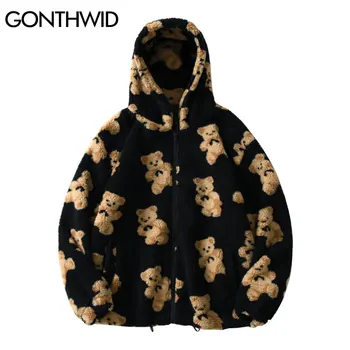 GONTHWID ขนแกะ Hooded แจ็คเก็ต Streetwear ลำลอง Harajuku Hip Hop ผู้ชายแฟชั่นสำหรับผู้หญิงหมีพิมพ์ซิปเสื้อฮู้ด Outwear