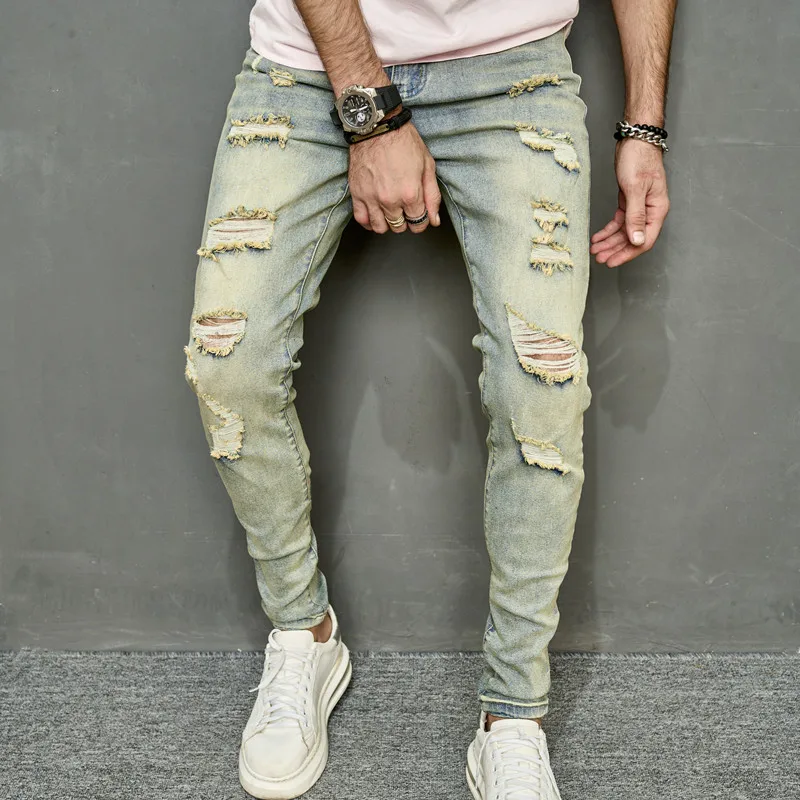 Spring Men Vintage Ripped Skinny Pencil Jeans Pants Hip Hop Stylish Holes Male High Street Slim Casual Denim Trousers