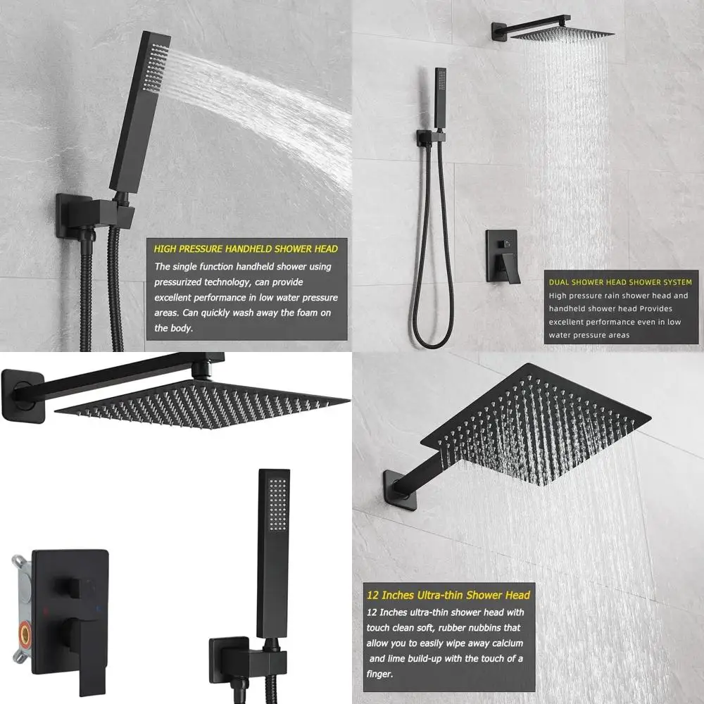 

12 Luxury Matte Black Shower System with Rain & Handheld, Wall Mount, High-Pressure Combo
