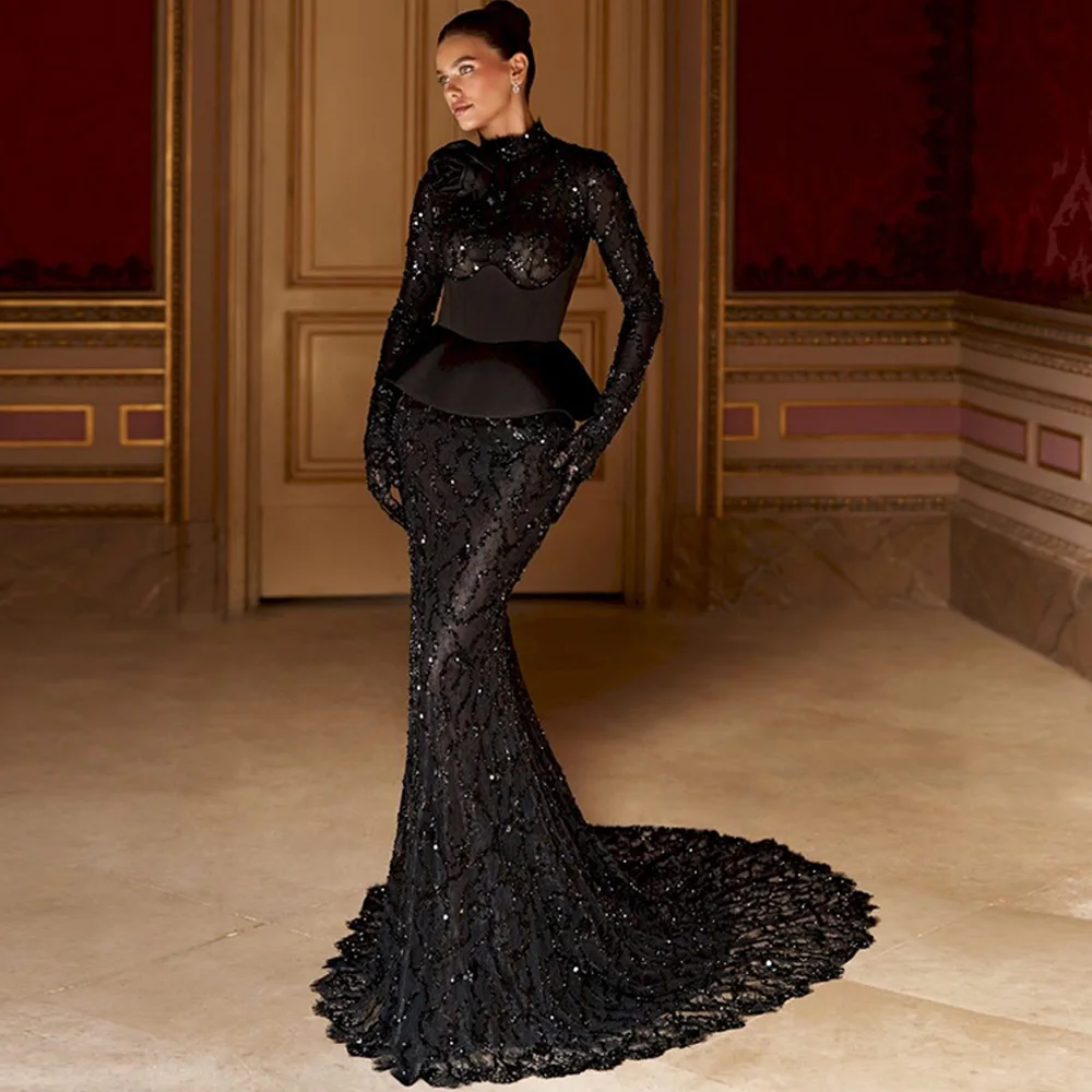 Modisches Rückenfreies Langarm-Abendkleid mit Luxus-Applikationen, Maßgeschneiderte Promi-Roben, Elegantes Meerjungfrau-Spitzenkleid für Partys