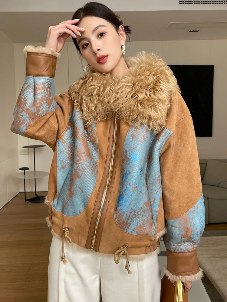 

High-end Luxury Natural Lamb Fur Suede Jackets for Women 2026 Simple Short Winter Printed Genuine Leather Real Fur Fleece Coat