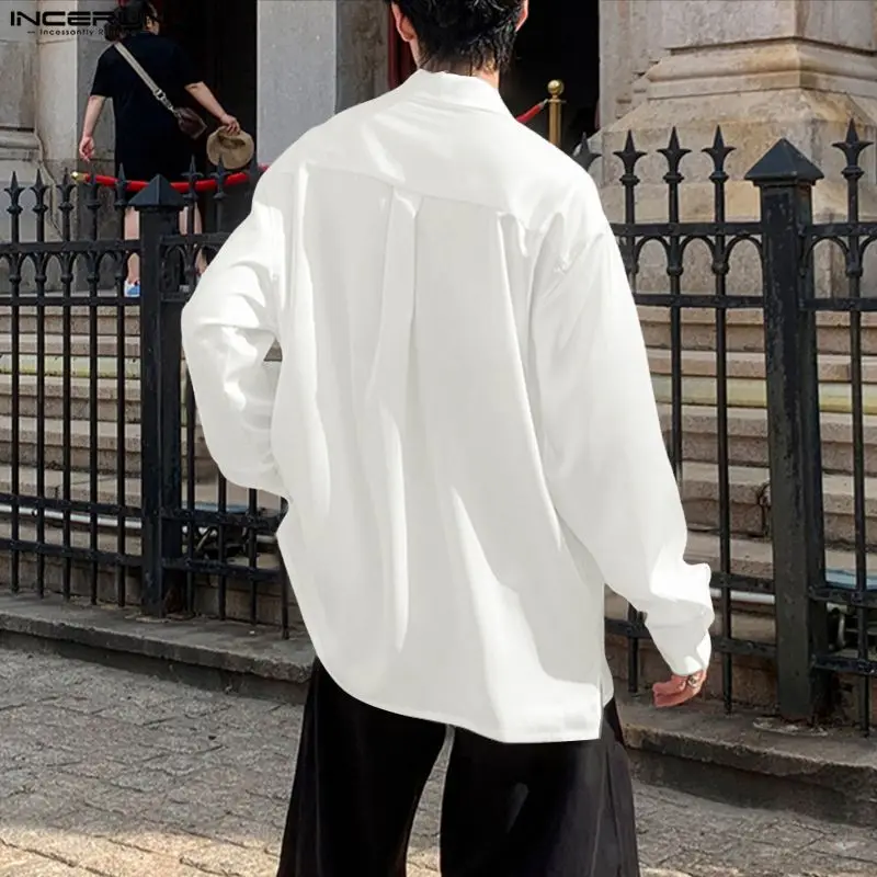 

INCERUN Men Shirt Solid Color Embroidery Lapel Long Sleeve Men Clothing Streetwear Loose Korean Style Fashion Male Shirts Tops