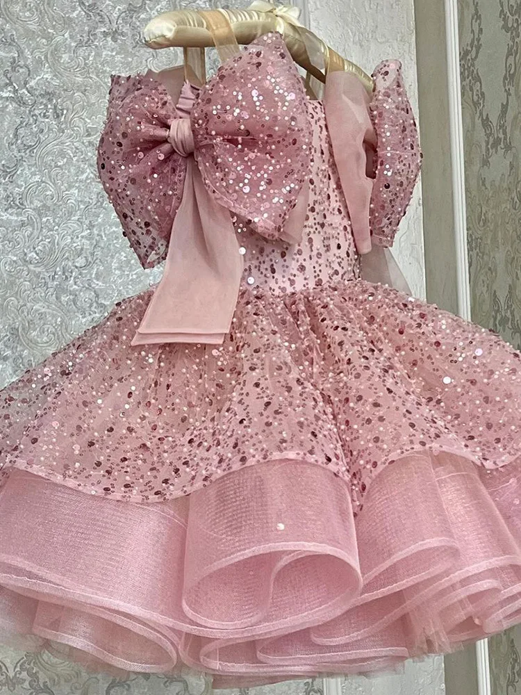 Robes de soirée moelleuses pour filles, tutu à plusieurs niveaux, robe à fleurs en tulle pailmétrage, grand nœud, luxe, enfant, fille, 2024