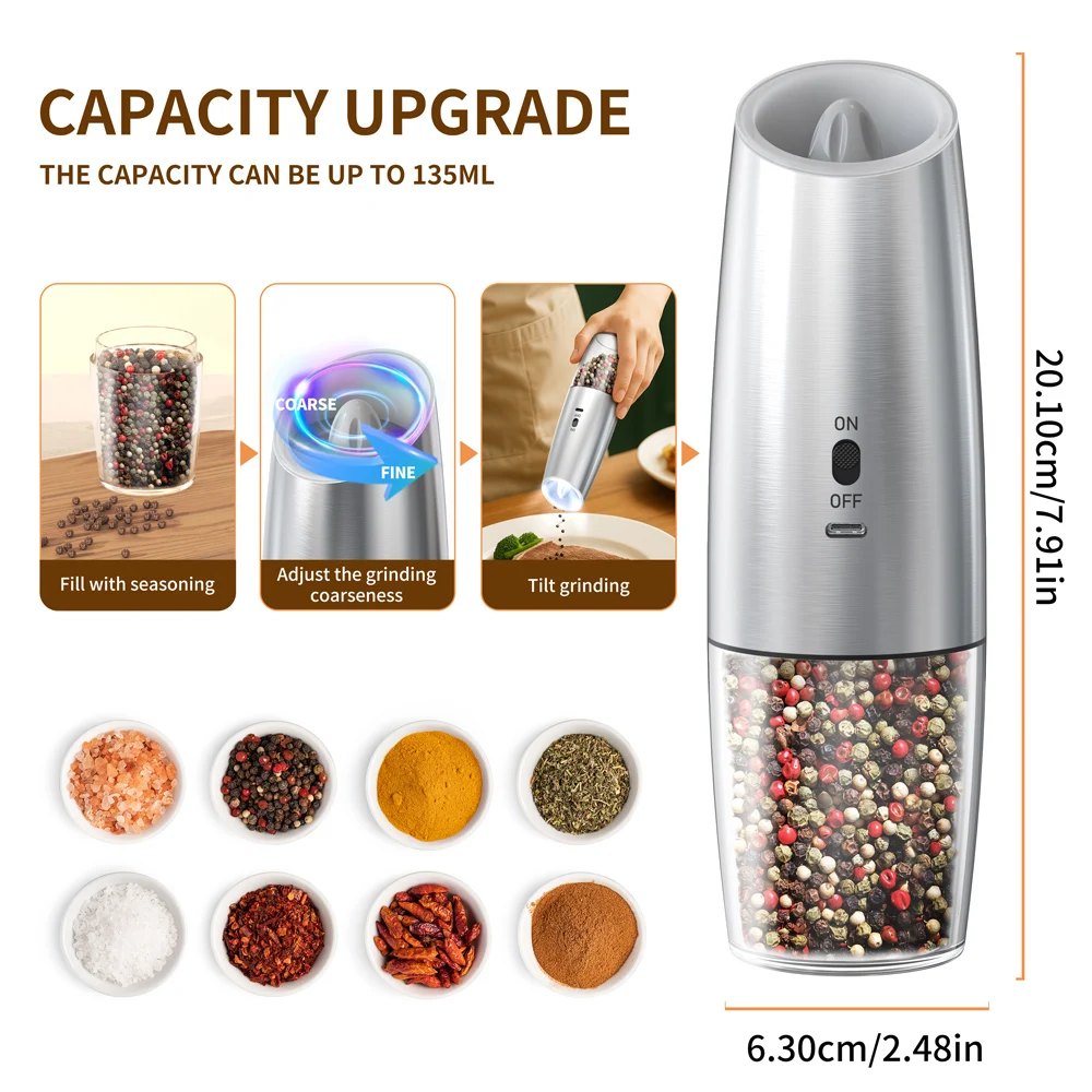 1PC/2PCS Gravity sensing Electric Salt And Pepper Grinder Set Adjustable Spice Mills for Kitchen Automatic Cordless Gadget