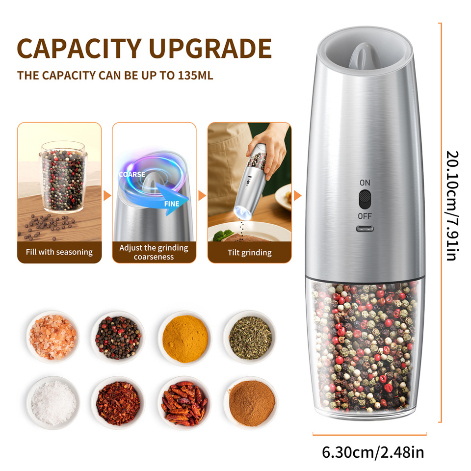 1PC/2PCS Gravity sensing Electric Salt And Pepper Grinder Set Adjustable Spice Mills for Kitchen Automatic Cordless Gadget