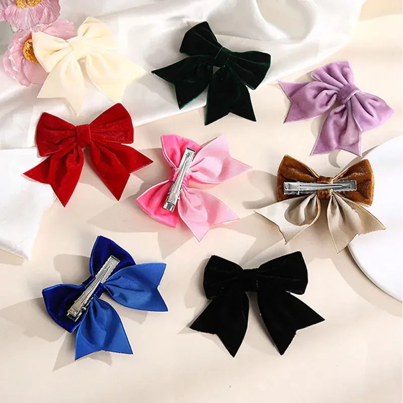 Sweet Velvet Hair Bow Clips For Girls Handmade Solid Color Hairpins Kids Barrettes Duckbill Clip Headwear Hair Accessories