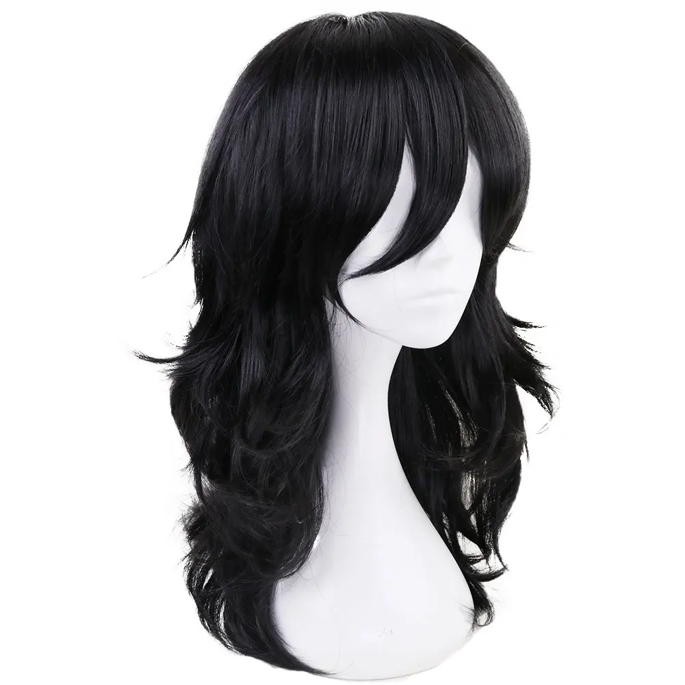 Peluca de Cosplay con flequillo largo y ondulado, pelucas negras de cabello sintético para mujeres y hombres, peluca de vestir para fiesta de disfraces de Anime para Halloween