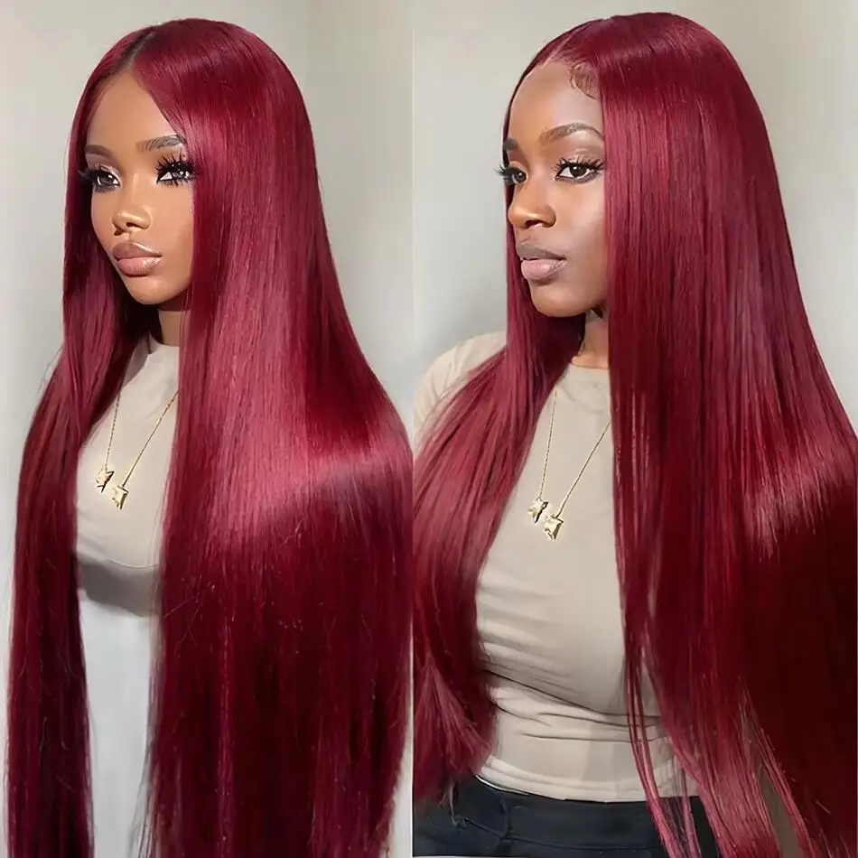 Perruque Body Wave Lace Front Wig naturelle, cheveux humains, bordeaux 99J, 13x6, transparente HD, pre-plucked, document rouge 99J