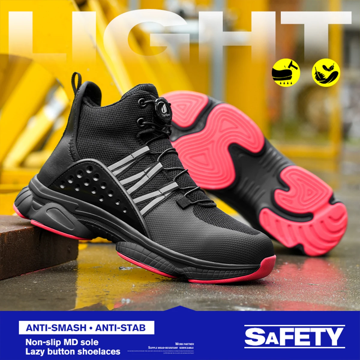 Mens Safety Boots Indestructible Shoes High Top Hiking Sneakers Steel Toe Anti-smash for Industrial, Factory, and Outdoor Jobs