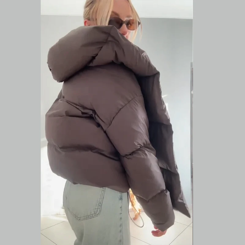 Women Fashion Detachable Hood Short Cotton Jackets Long Sleeved Brown Warm Thick Coat 2025 Winter New Lady High Street Outwear