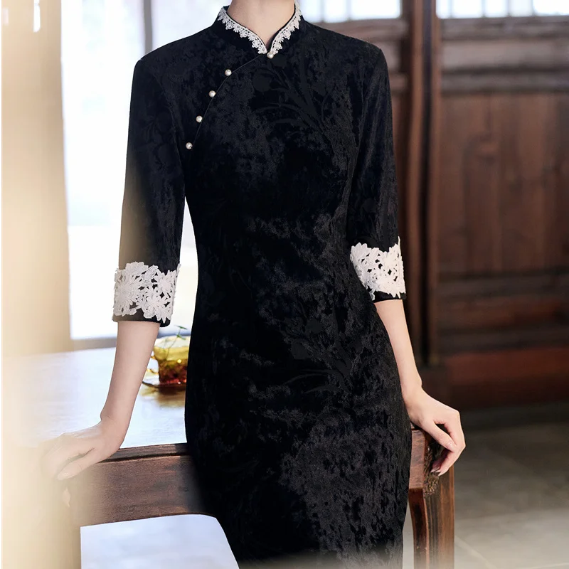 black women elegant qipao lace half sleeve velvet cheongsam mandarin collar chinese style dress easten vintage button vestidos