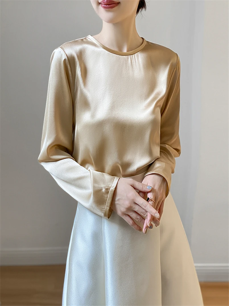 Long Sleeve O-Neck Leisure Shirt Tops Women\'s Solid Satin Elegant Temperament Blouses Spring Autumn Vintage Simple Tops Camisas