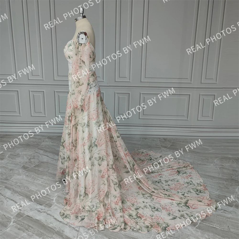 12977# 100% Customzied Exquisite Off Shoulder Long Sleeves Floral Print Organza Wedding Dress Sweep Train Bridal Gown For Women