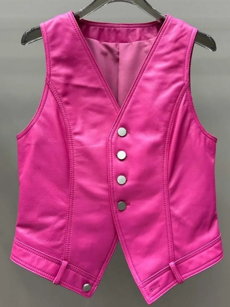 Leisure Style Genuine Leather V Neck Single-Breasted Handmade Vest Straight Sheepskin Sleeveless Solid Color Female Outerwear