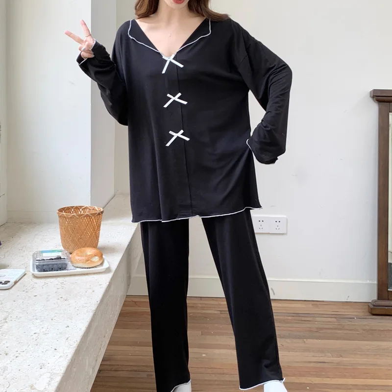 150kg Large Size Autumn Pajama Button Up Long Sleeve Shirt and Trousers Women Loose Home Clothes Solid Bow V-neck Two-piece Set