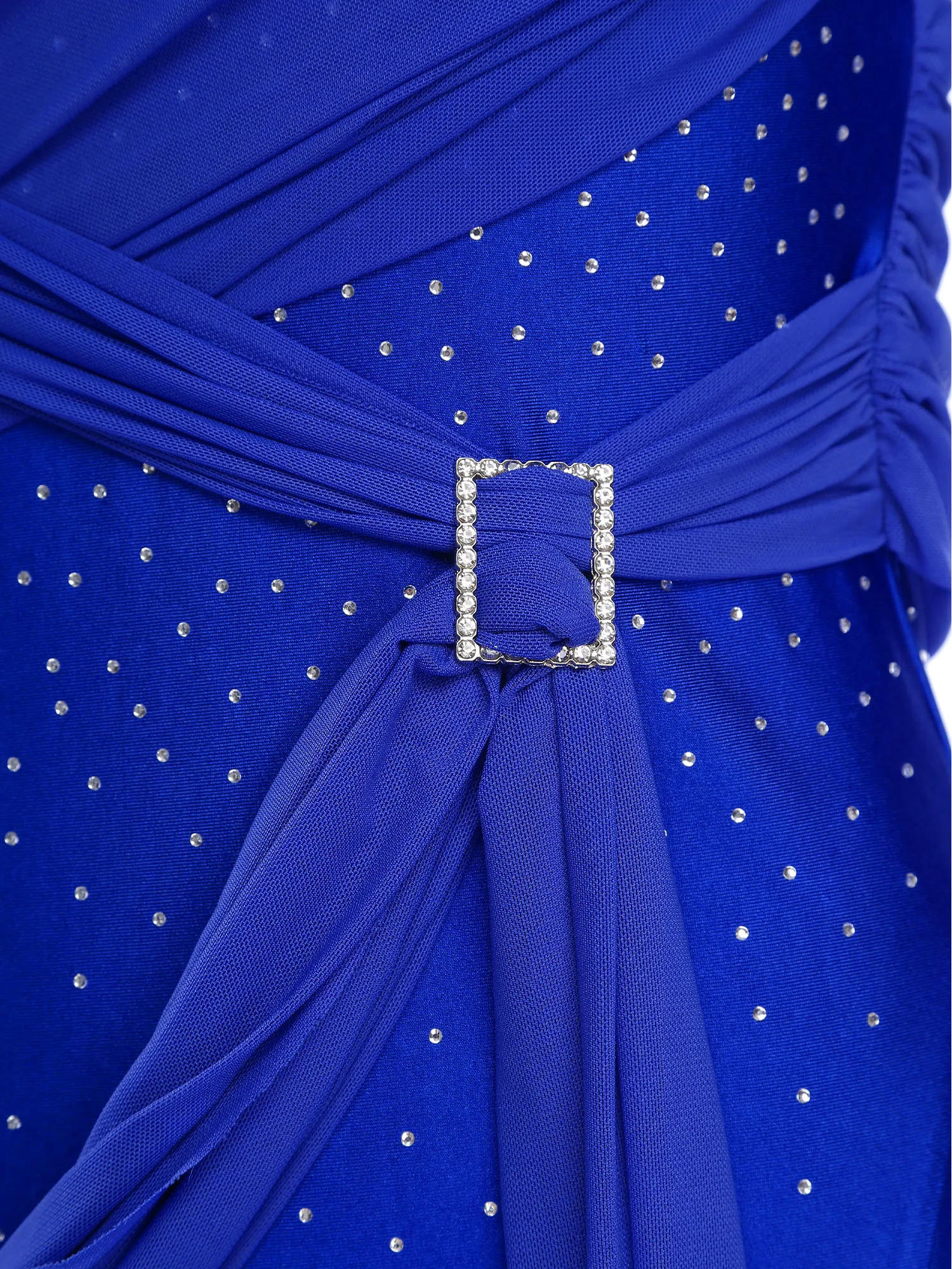Women Ballet Gymnastic Rhythm Dance Dress Latin Skating Dance Rhinestones Ruched Belt Split Costume for Party Stage Performance