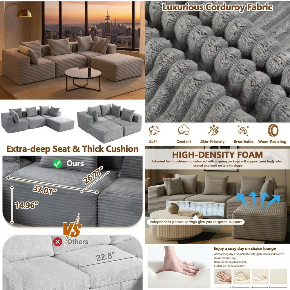 

Convertible L-Shaped Sectional Sofa for Living Room, Cloud Modular Couch, Boneless Design, Compressed Sofa, Ideal for Space-Savi