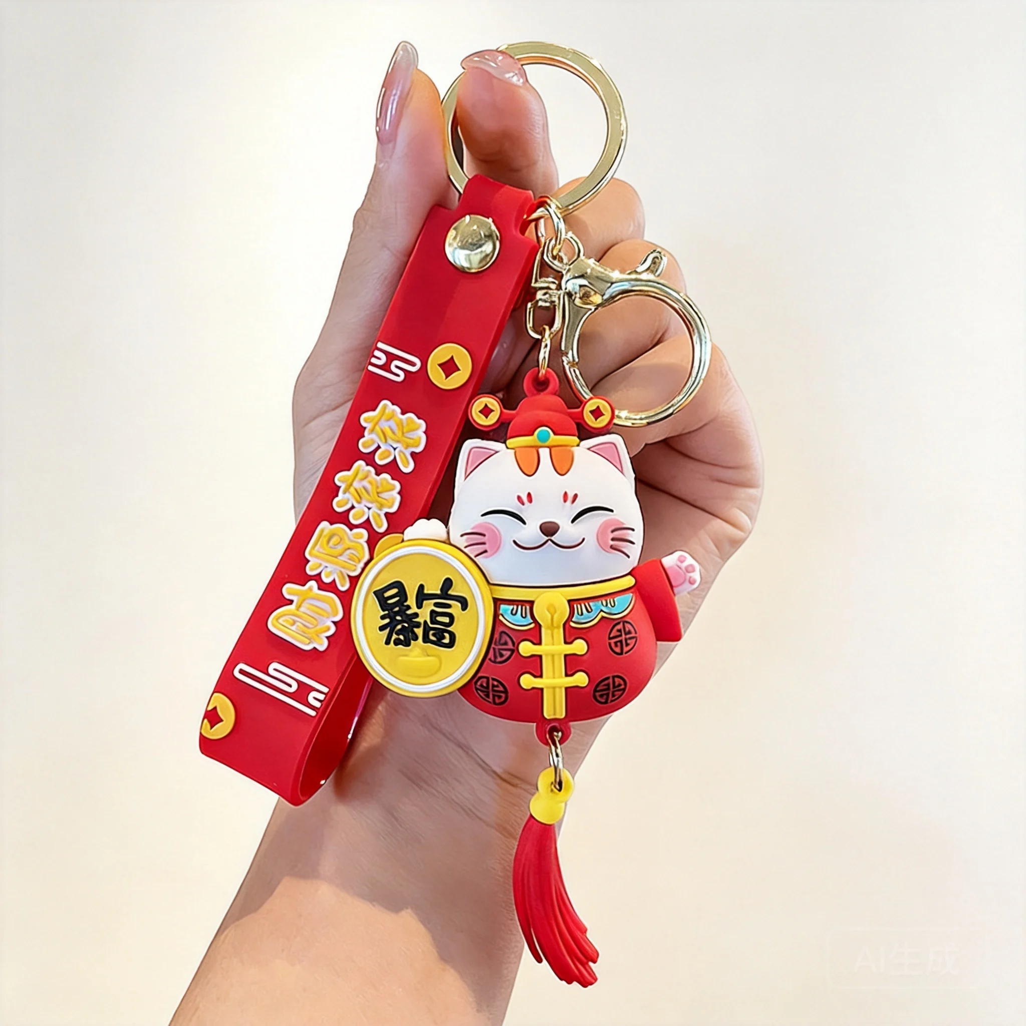 

Cute Chinese Style Lucky Fortune Cat Keychain Good Luck Wealth Blessing Cartoon Pendant For Car Keys Couple Gift Bag Hanging Dec
