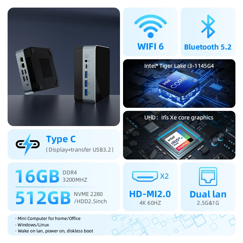 ZXIPC Mini PC Komputer do gier Intel Core i3 115G4 CPU NUC Office DDR4 NVMe Gaming Mini Computer HDMI VGA Cztery wyświetlacze