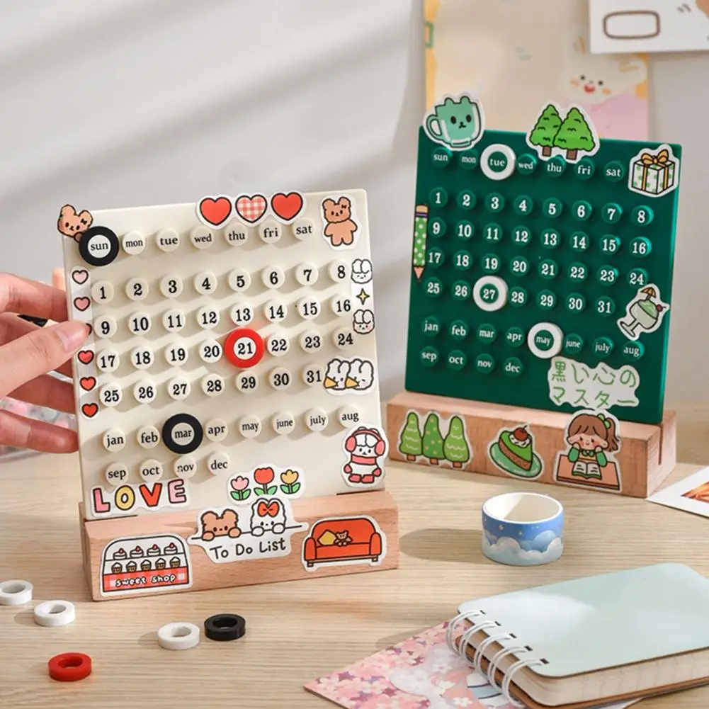 

1 Set DIY Calendar Handmade Wooden Base Educational With 3 Rings Date Record Gift Desktop Decoration Ornament Office Supplies