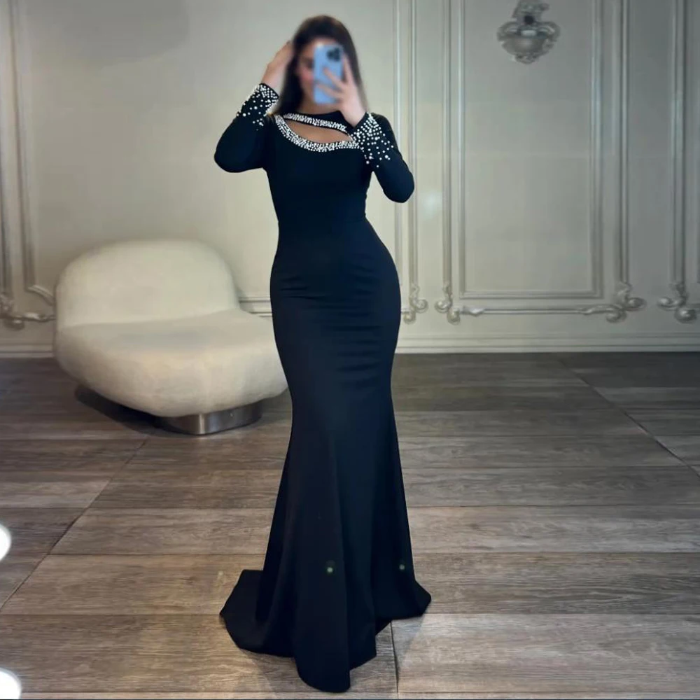 

Customized Keyhole Neckline Evening Dresses with Crystal Black Satin Mermaid Wedding Guest Dress Sweep Train