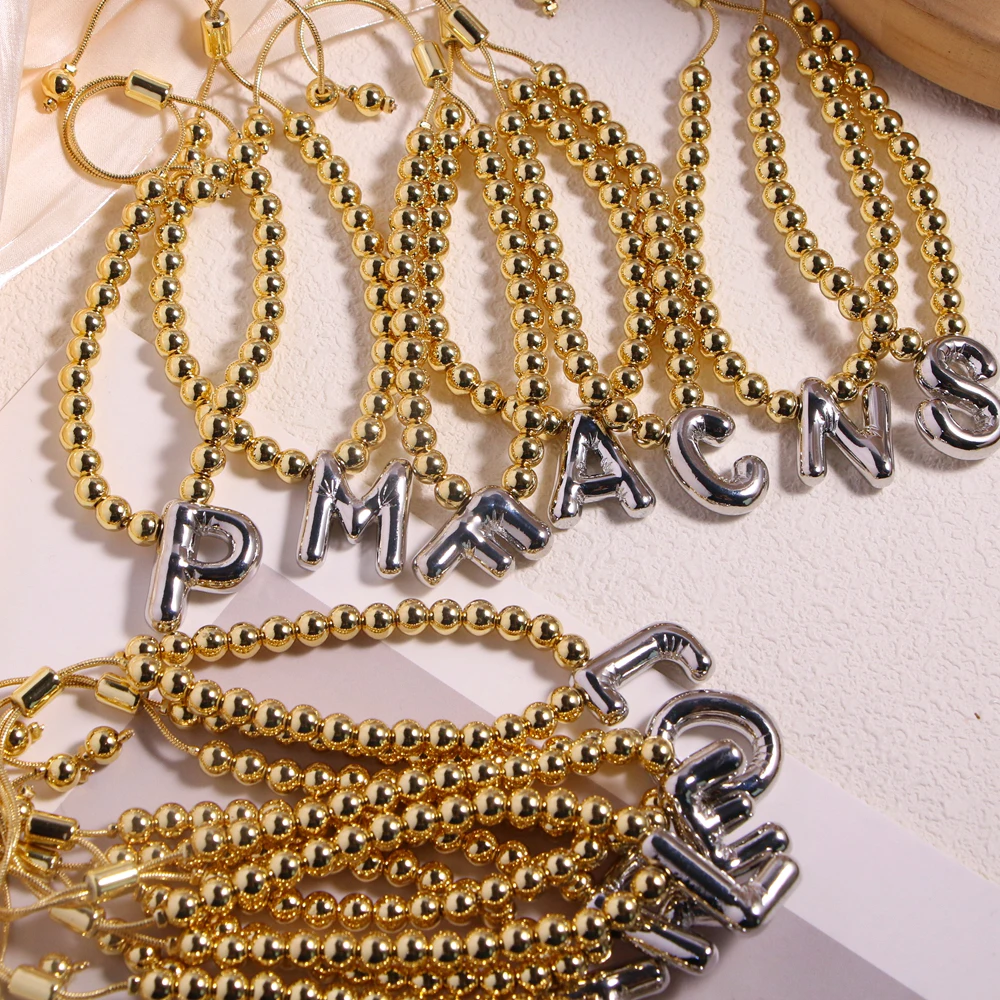 5pcs, Balloon Letter A- Z Adjustable Bracelets For Women Men Gold Plating Round Ball Beads Chain Girls Punk Bracelets