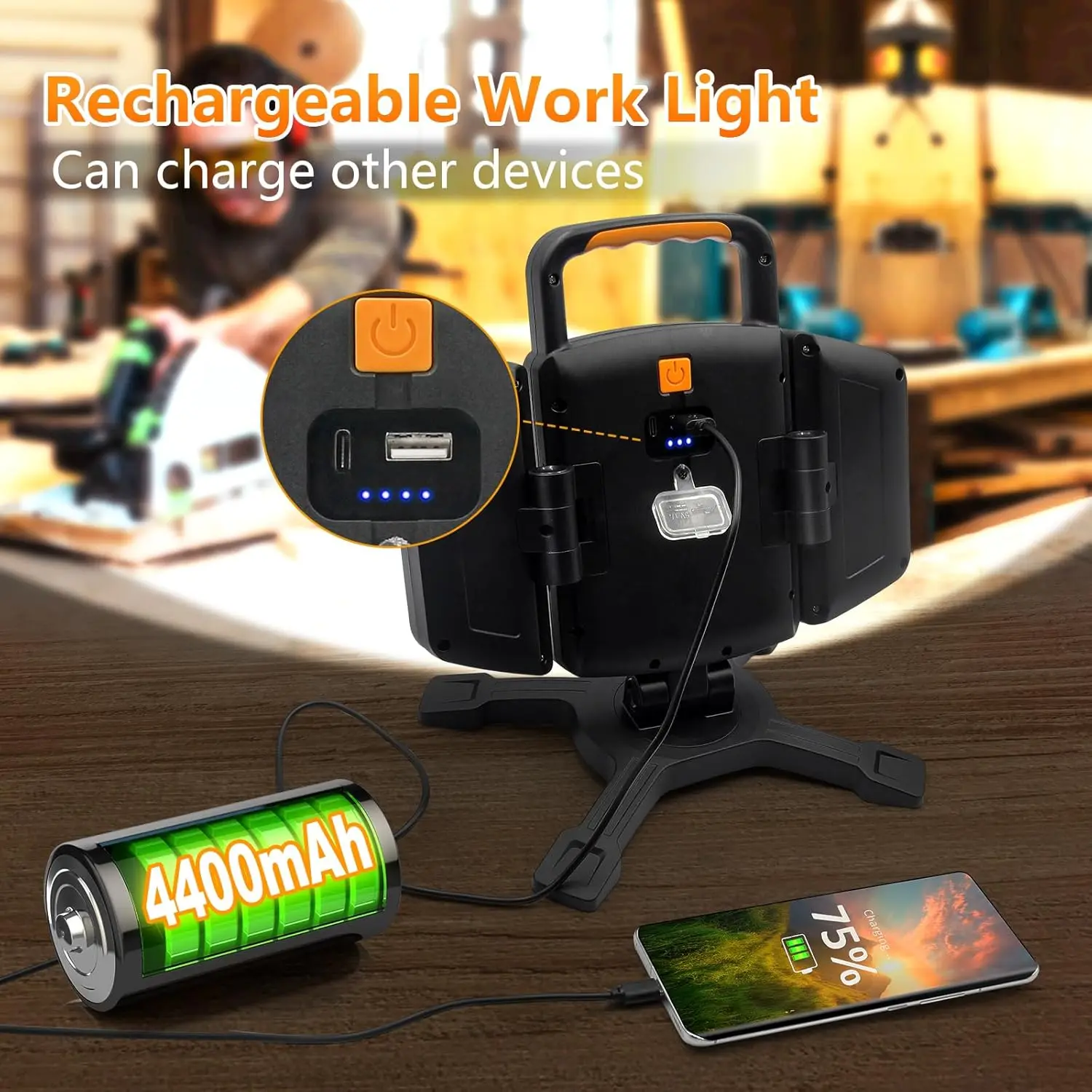 30W Rechargeable Work Light, 3000 Lumen Magnetic Work Light Battery Powered, Waterproof Portable Cordless Job Site Lighting for
