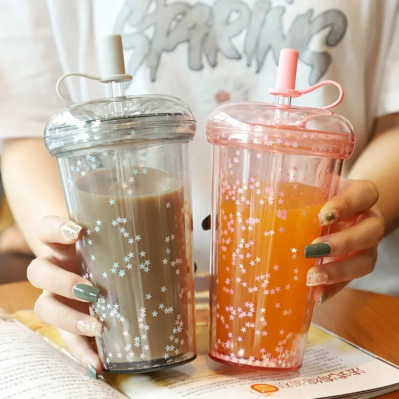 Ins Bubble Tea Cup Portable Tumbler with Straw Plastic Coffee Cups with Lid Transparent Water Bottle